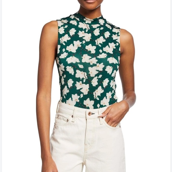 Rag and Bone Sabeen Floral Mockneck Sleeveless Top Green Stretch Slim Fit Sz XS - Picture 15 of 15